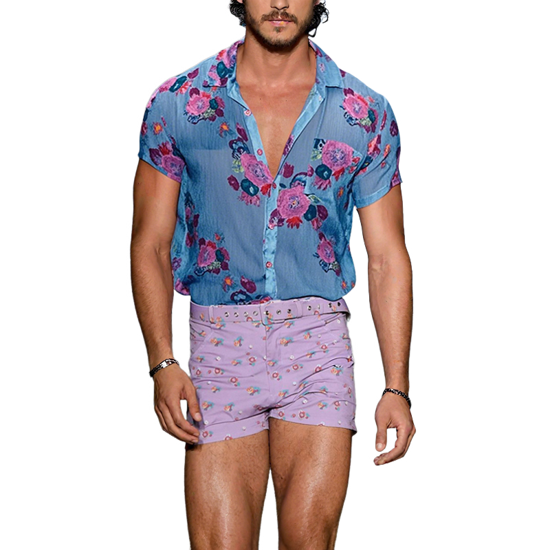 Men's Floral Lapel Short Sleeve Shirt Shorts Set MTA1229F6Z (Without Belt)