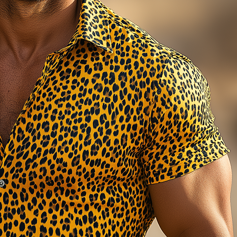 Men's Summer Leopard Print Cotton Blended Elastic Short Sleeve Polo Shirt MTA0555F8P