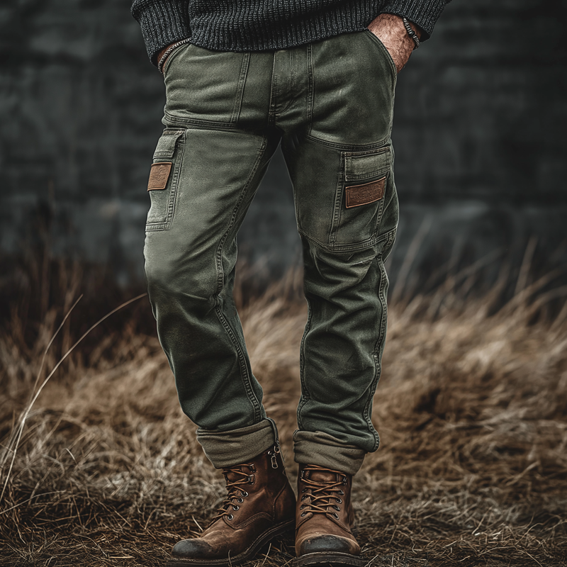 Men's Retro Army Green Multi-Pocket Slim Fit Jeans MTA3058J6U