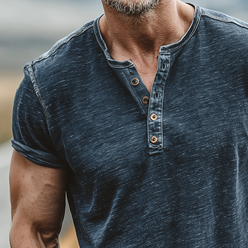 Men's Summer Casual Cotton Blend Washed Distressed Collar Stitching Denim Henry Collar Short-sleeved T-shirt MTA0206G8K