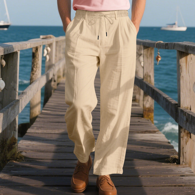 Men's Solid Color Cotton And Linen Holiday Elastic Waist Casual Pants MTA1606E9X