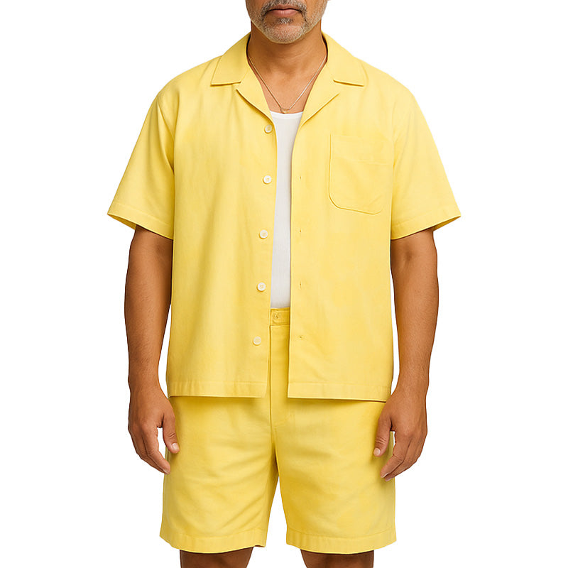 Men's Summer Fashion Solid Color Cotton And Linen Short-Sleeved Shorts Suit MTA2188E7P