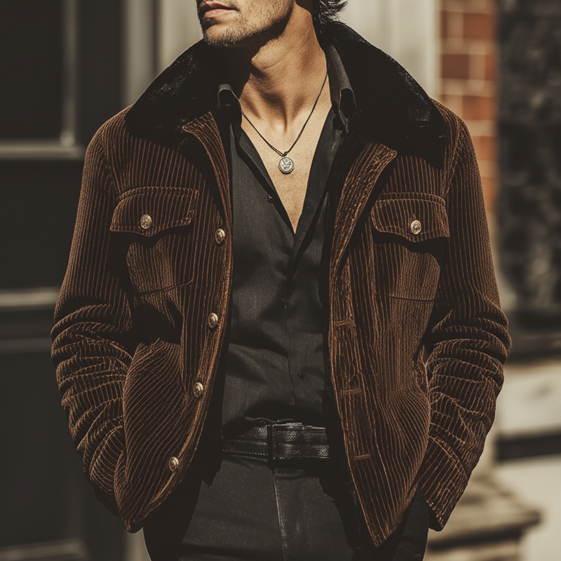 Men's Vintage Chocolate Brown Velvet Fur Collar Rider Jacket MTA1023L4U