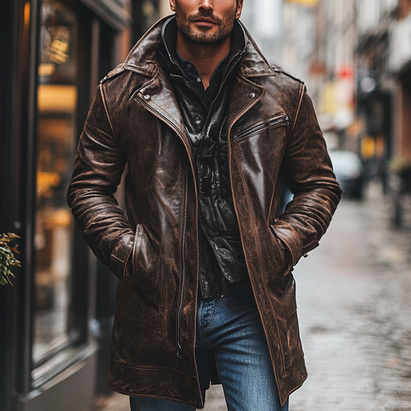 Men's Retro PU Collar Mid-Length Leather Coat MTA0583K6X