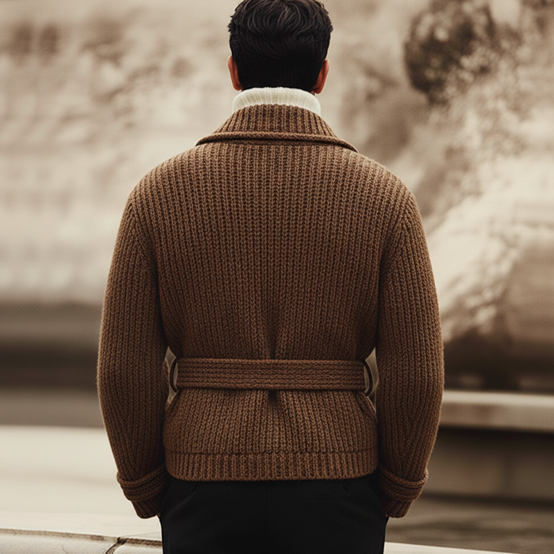 Men's Classic Notched Lapel Double-breasted Belted Knit Jacket MTA2692K0U