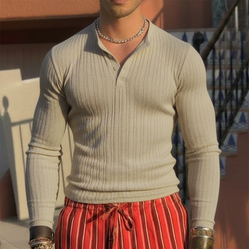 Men's Spring Fashion Ribbed Slim-fit Long-sleeve Henley Shirt MTZ2755A7P