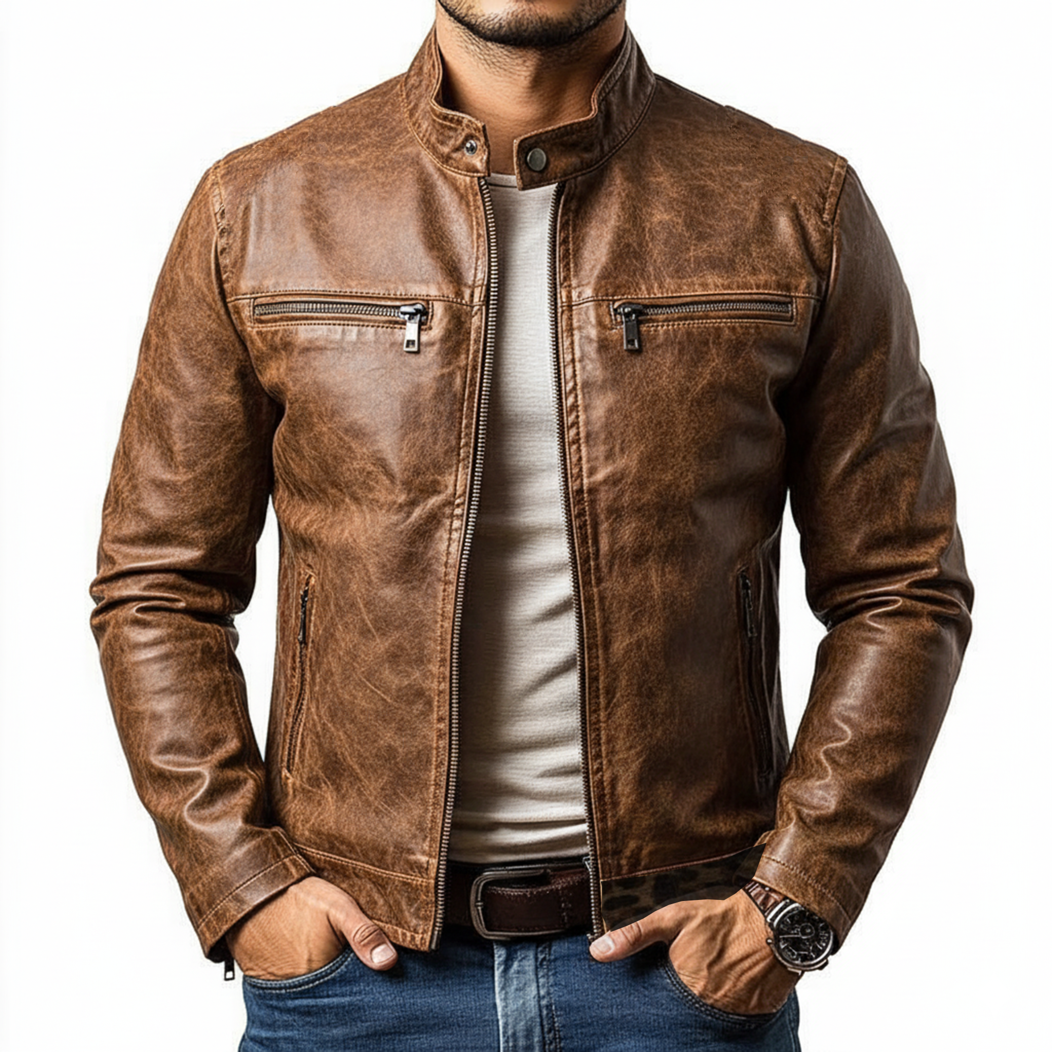 Men's Classic Retro Stand Collar PU Leather Zipper Jacket MTA2504J9K