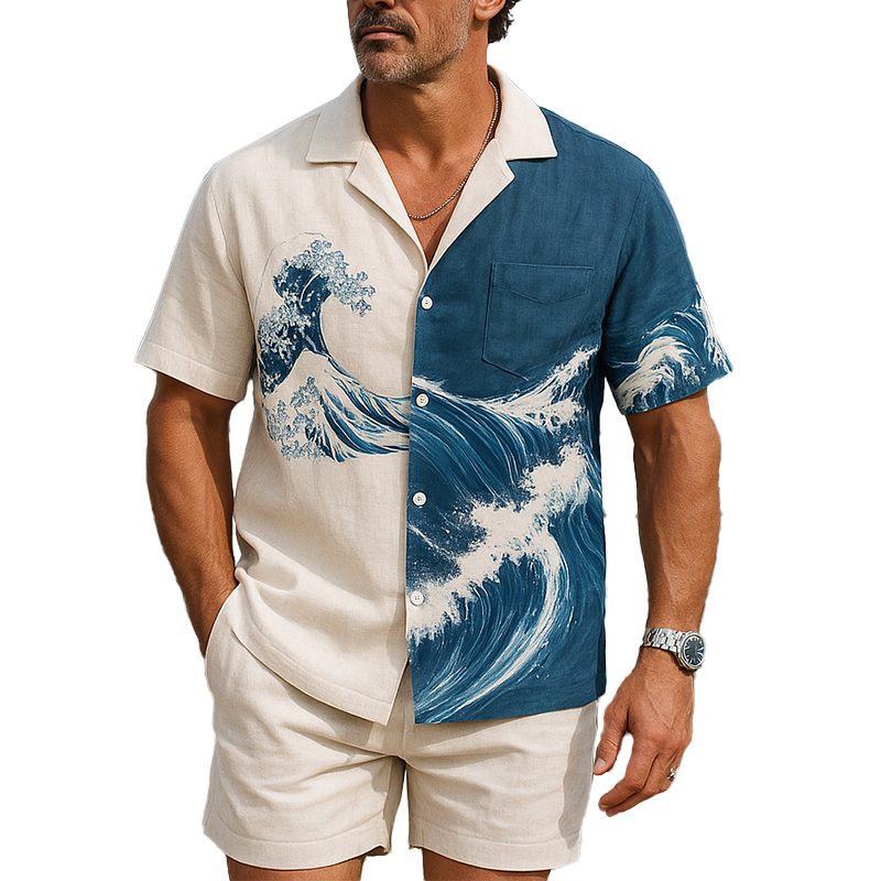 Men's Summer Fashion Wave Printed Cotton And Linen Short Sleeve Shirt MTA1062F7P