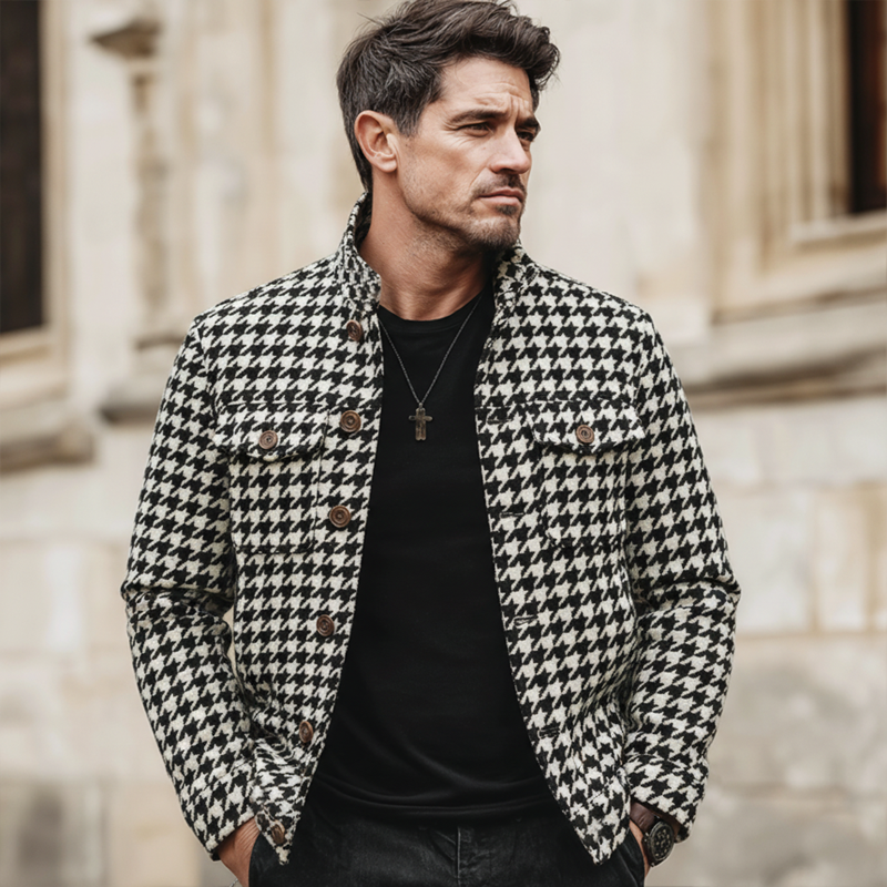 Men's Classic Stand-collar Houndstooth Faux Wool Button-up Jacket MTA0559L7U