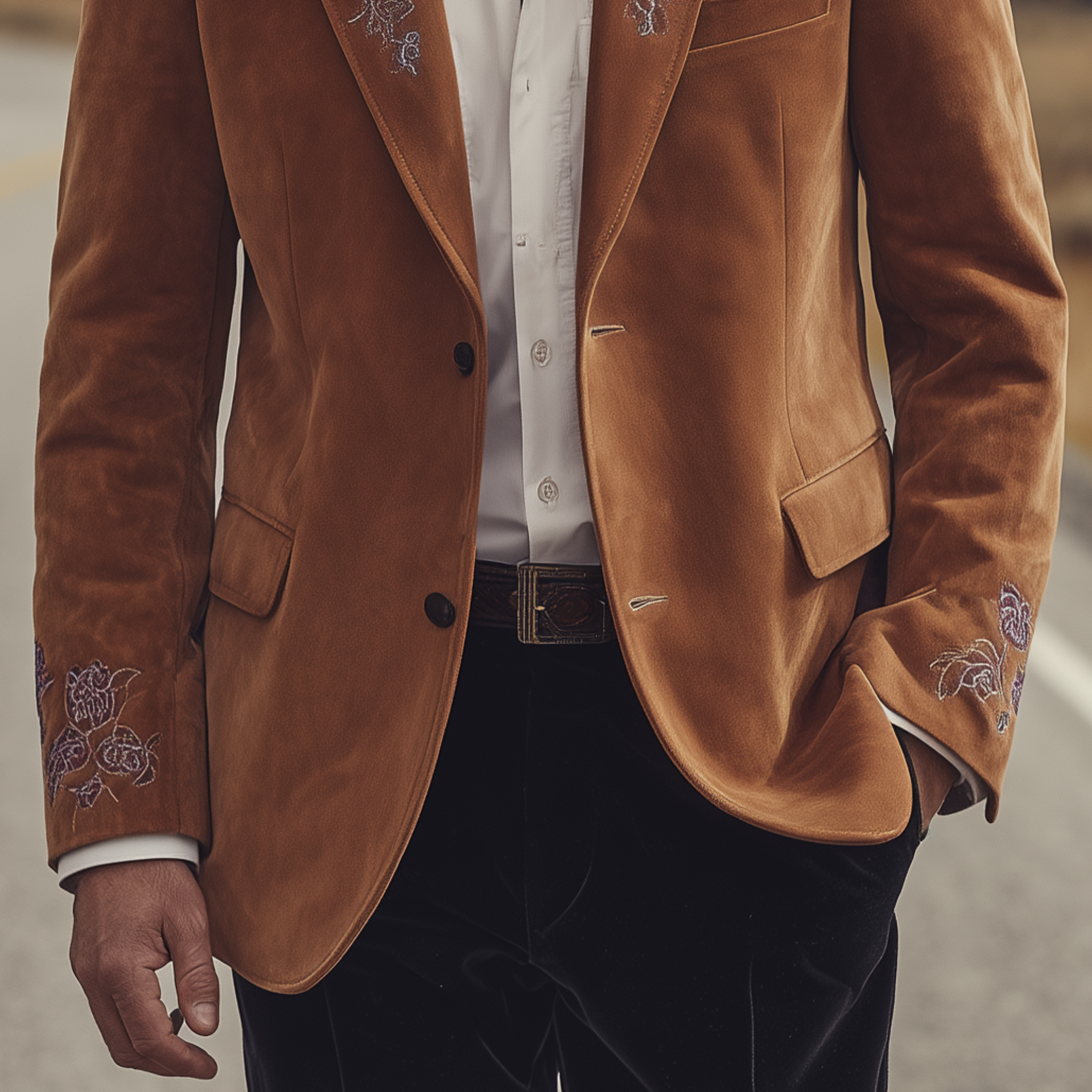 Men's Classic Retro Western Style Suede Collar And Cuff Embroidery Single-breasted Blazer MTA2841H1K