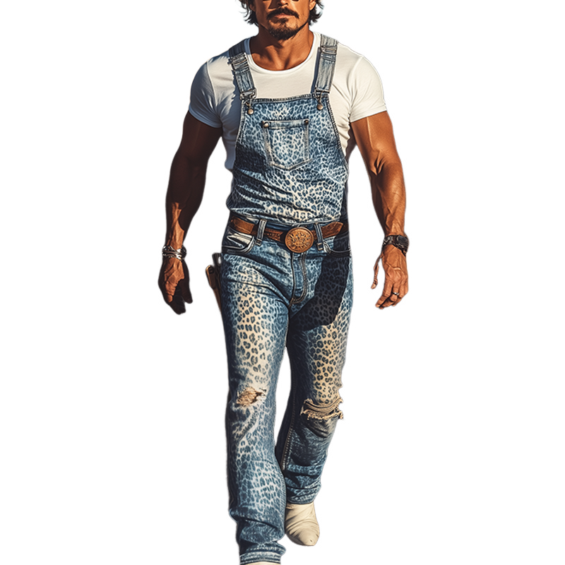 Men's Spring And Summer Fashion Personality Retro Western Cowboy Style Washed Denim Leopard Print Knee Hole Overalls (without Belt) MTA1366E3K