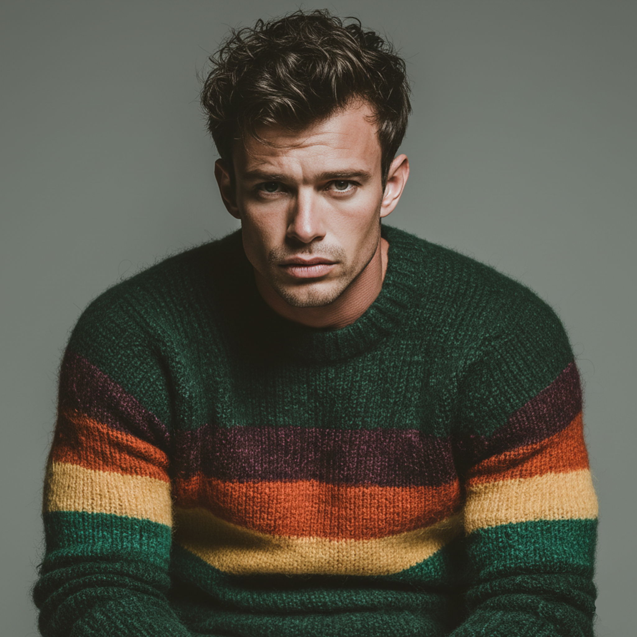 Men's Classic Casual Christmas Green Crew Neck Horizontal Striped Sweater MTA2961I7K