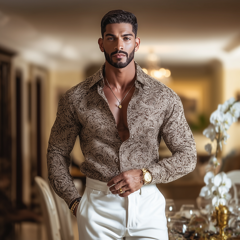 Men's Vintage Print Lapel Long Sleeve Shirt MTA1198H6Z