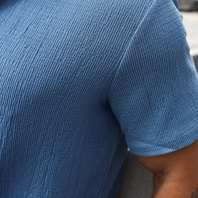 Men's Casual Cotton Blend Pleated Texture Lapel Slim Fit Short Sleeve Shirt MTA2683E7M