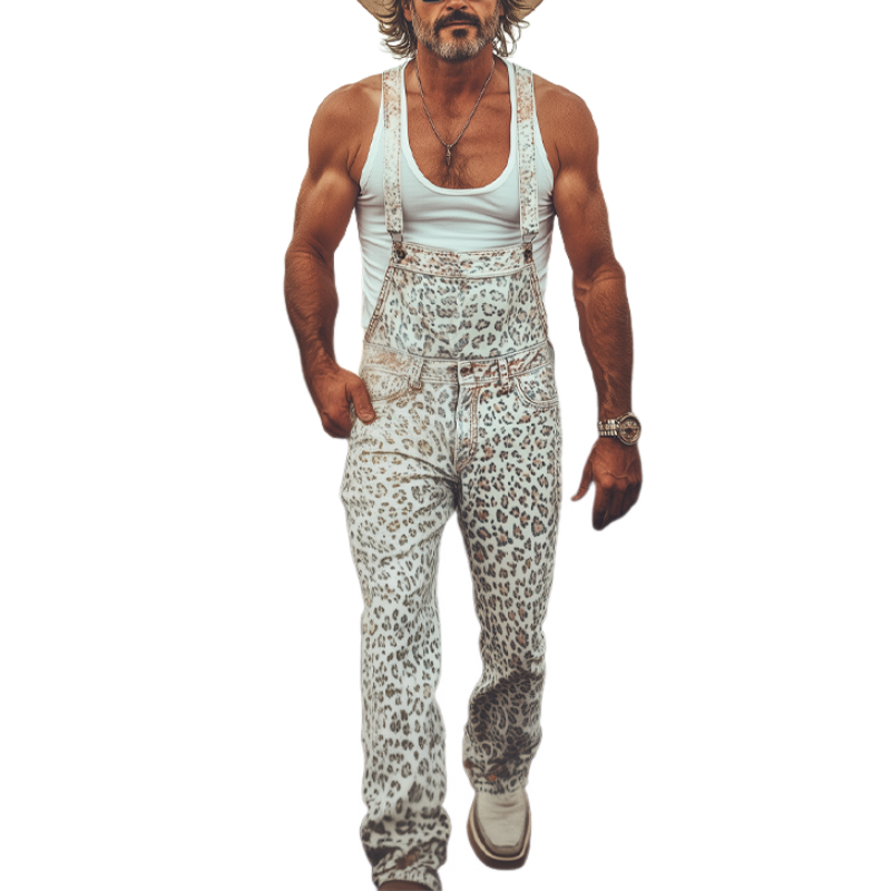 Men's Spring And Summer Fashion Personality Retro Distressed Western Cowboy Style Washed Denim Leopard Print Overalls MTA1351E0K
