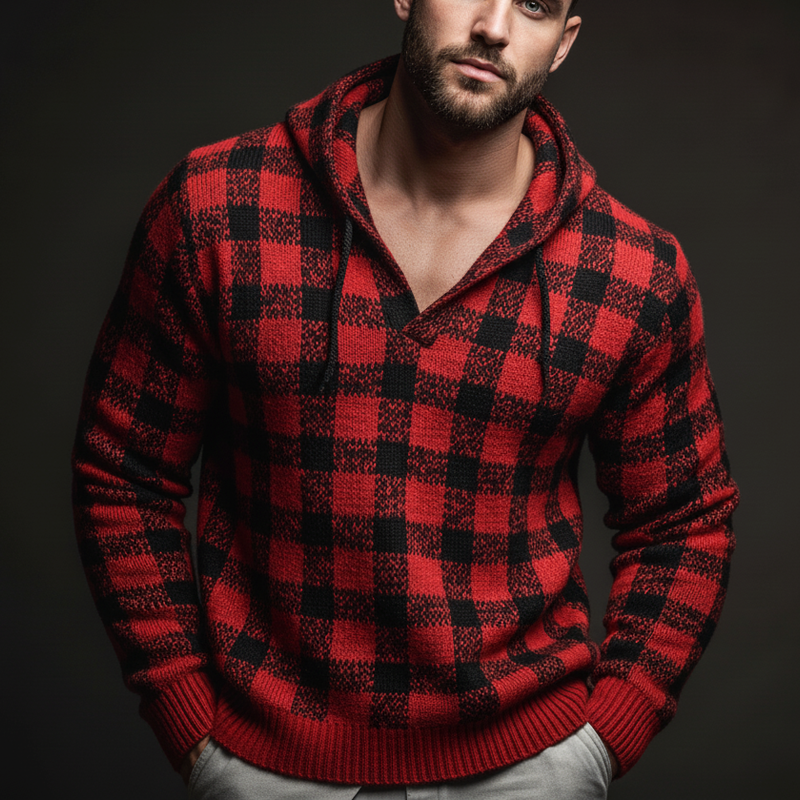 Men's Classic Red And Black Plaid Casual Knit Hoodie MTA2887J1U