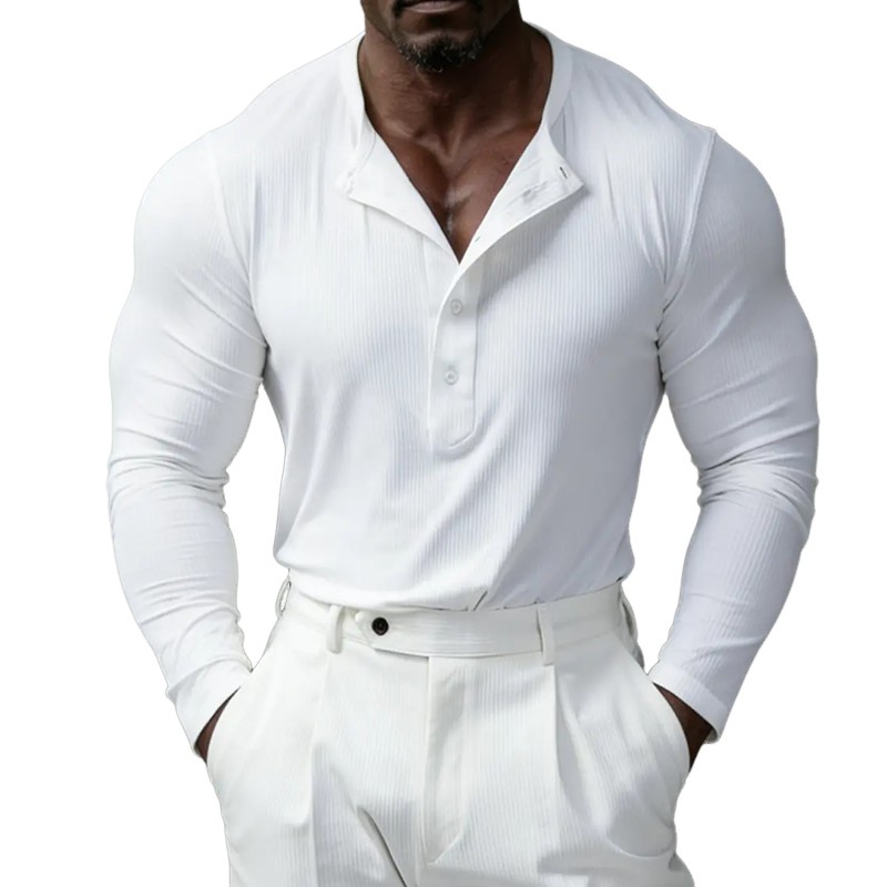Men's Retro Casual Solid Color Ribbed Henley Collar Long Sleeve T-shirt MTZ1142B7TO