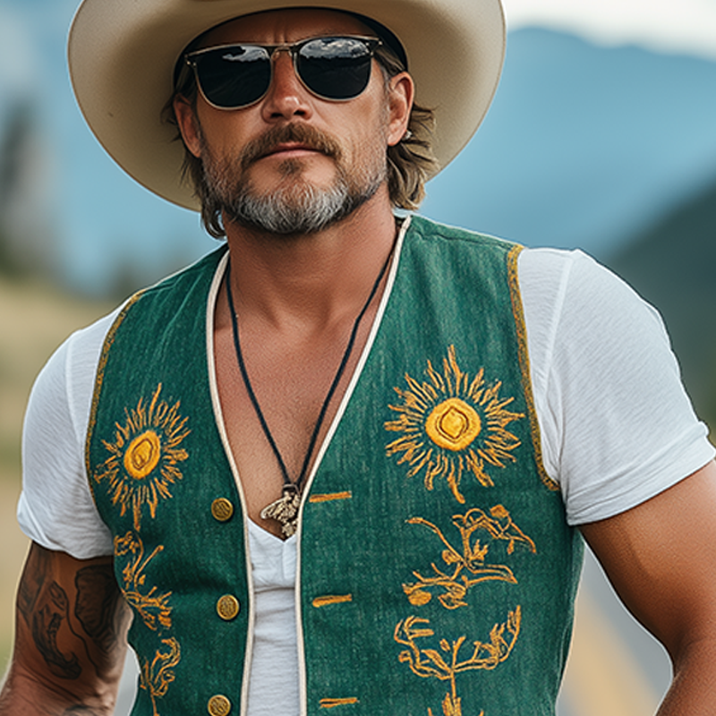 Men's Casual Retro American Western Style Cotton And Linen Embroidered Single Breasted Vest MTA1669F4K