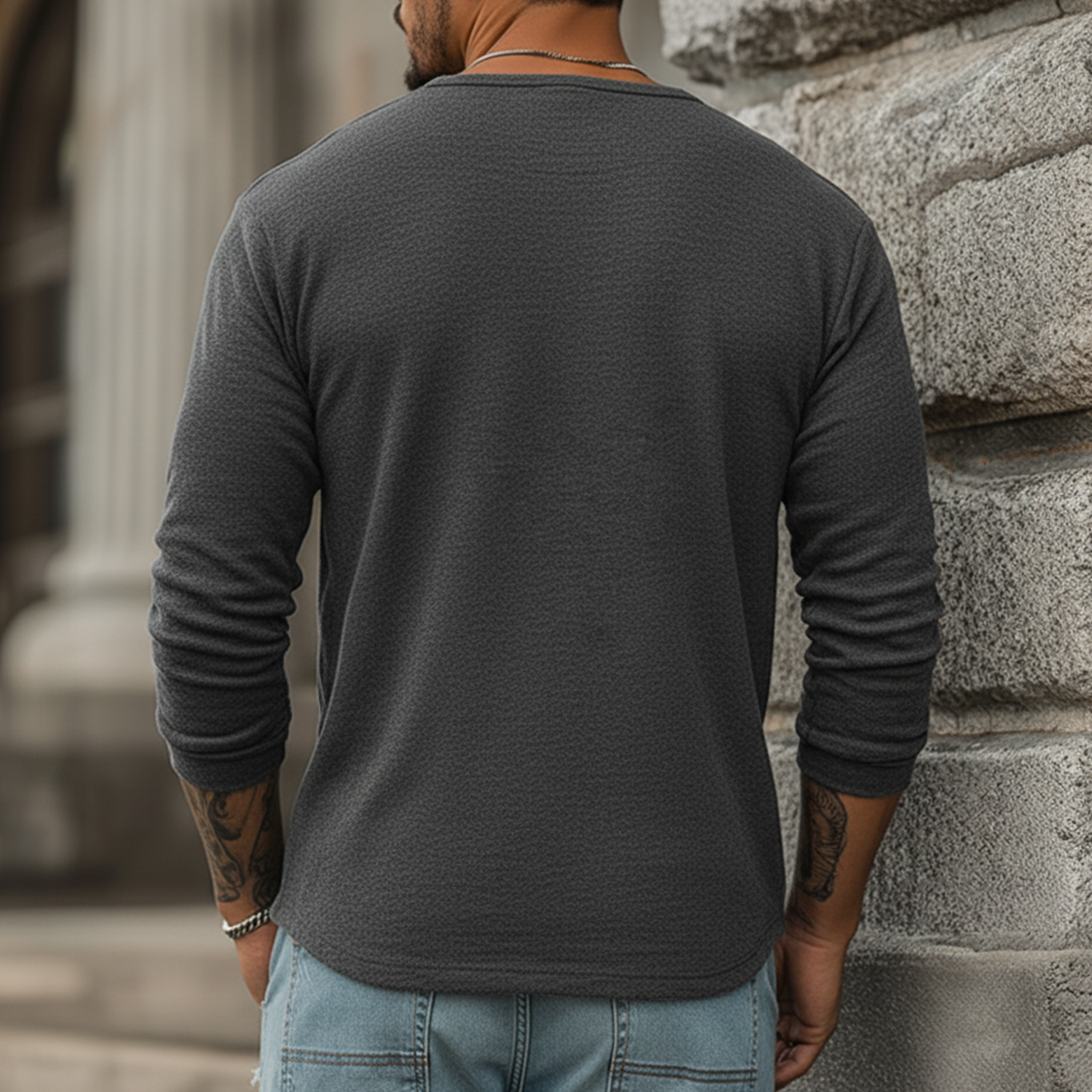 Men's Classic Henley Collar Dralon Warm Long Sleeve T-Shirt MTA2076J3K