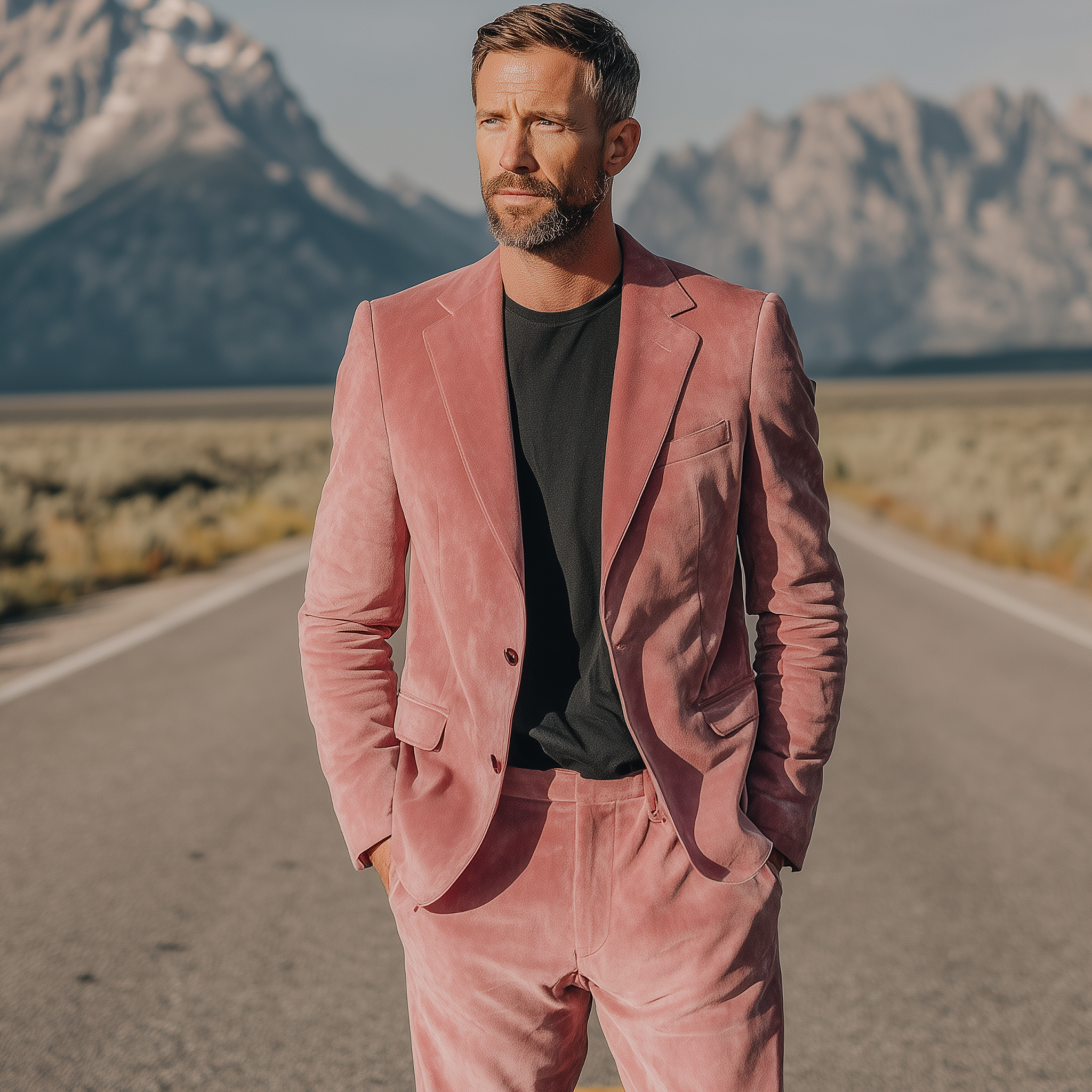 Men's Classic Retro Western Cowboy Style Pink Suede Single-breasted Slim-fit Blazer MTA0625H9K