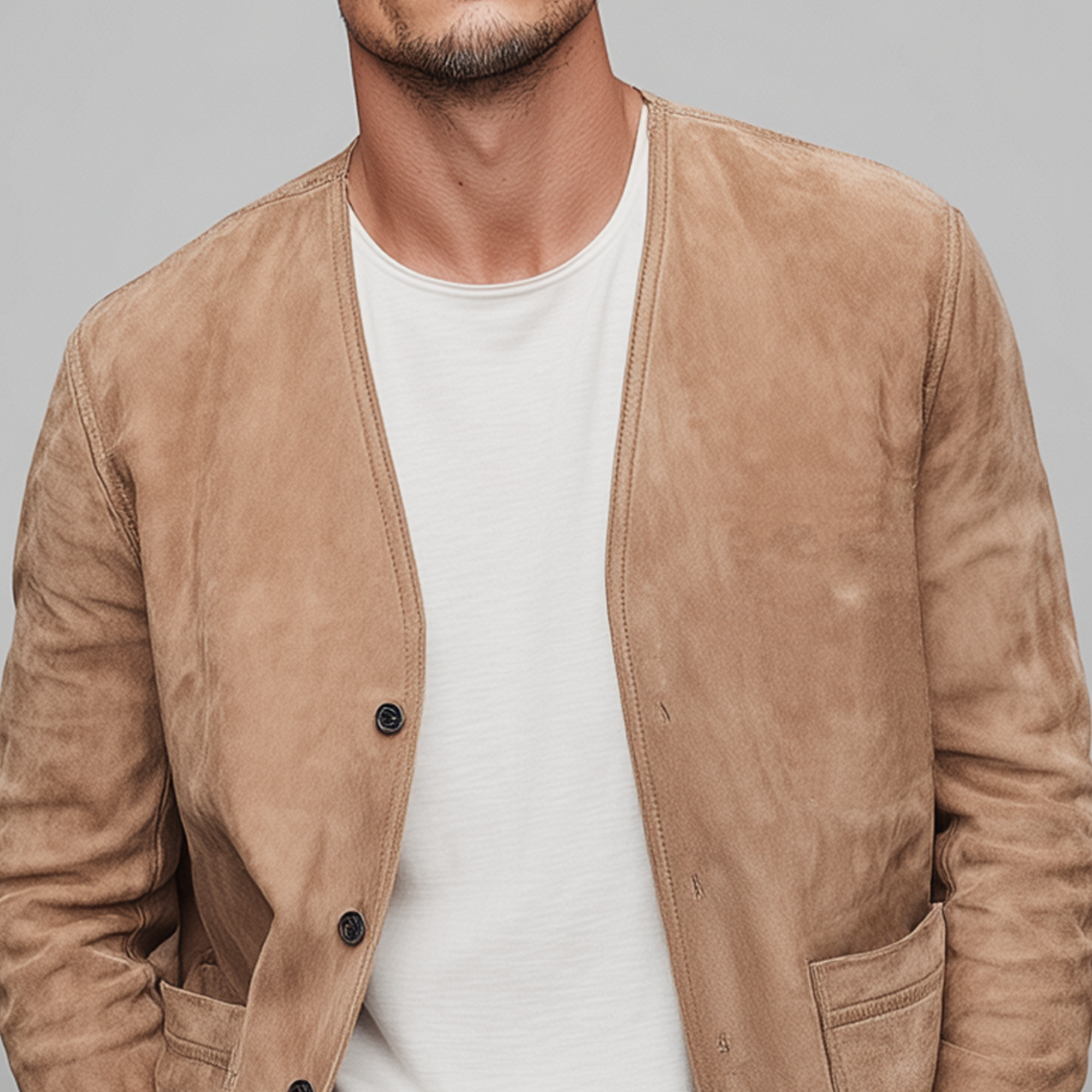 Men's Spring Casual Thin Suede Solid Color Collarless Loose Jacket MTA2275G4K