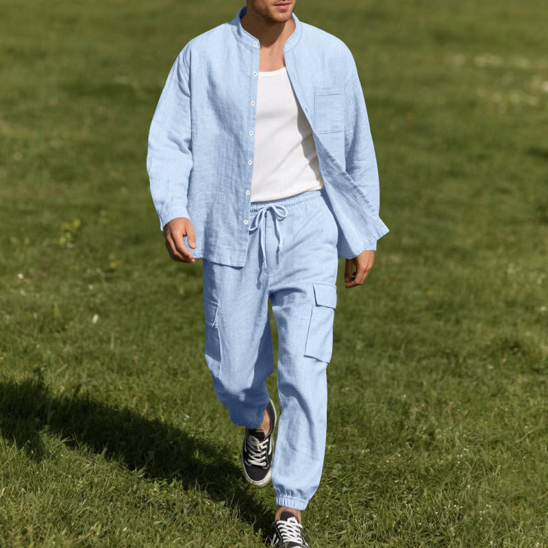 Men's Casual Cotton And Linen Long-Sleeved Trousers Two-Piece Set MTA0653E1X