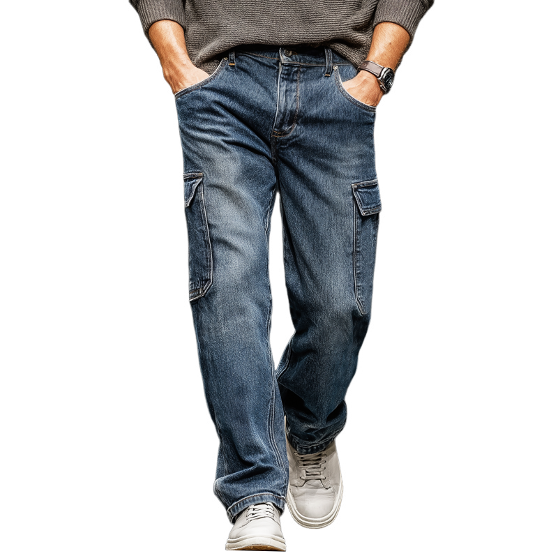 Men's Classic Straight-leg Dark Blue Multi-pocket Jeans MTA2493J3U
