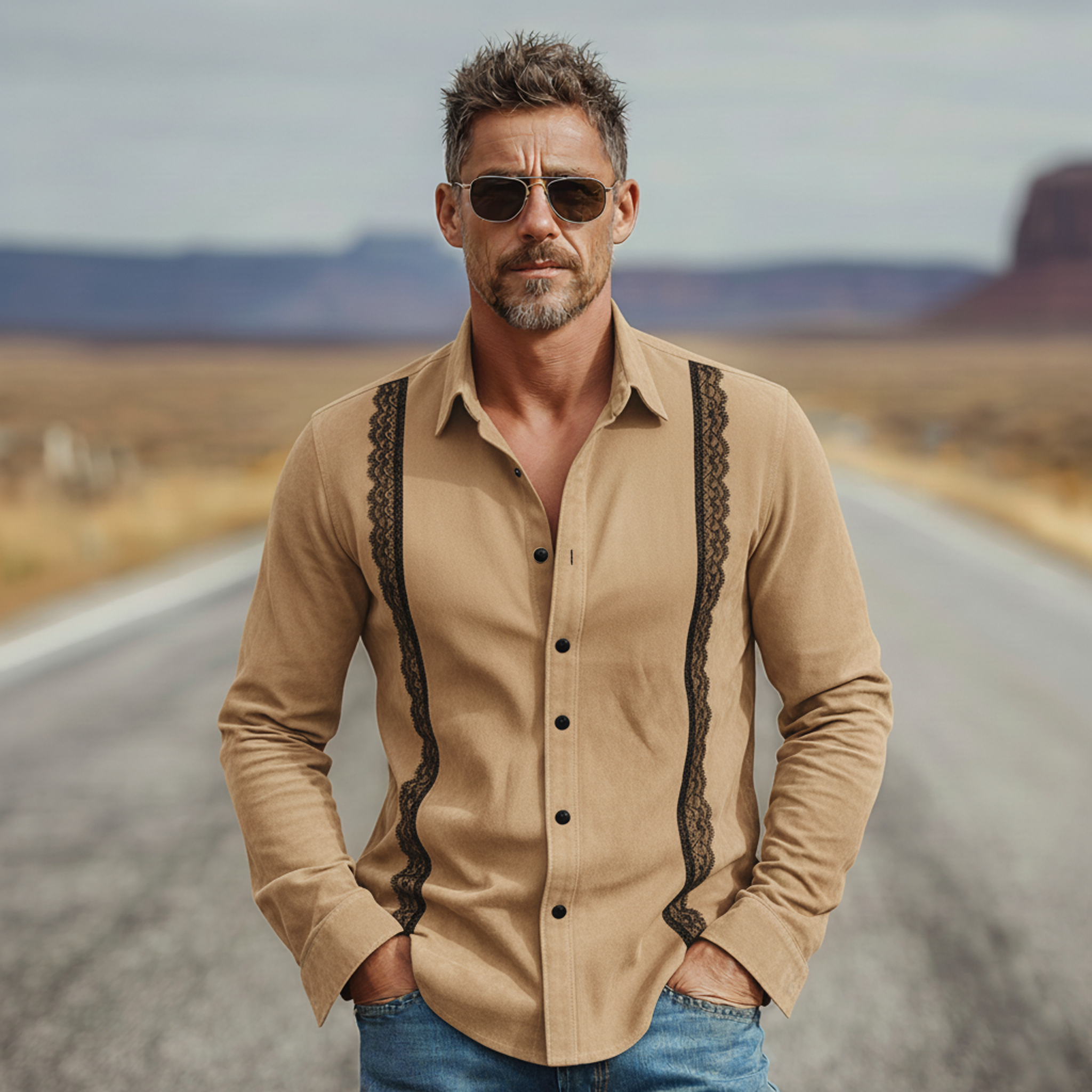 Men's Classic Vintage Western Style Decorative Lace Faux Suede Long-sleeved Shirt MTA2244L9K