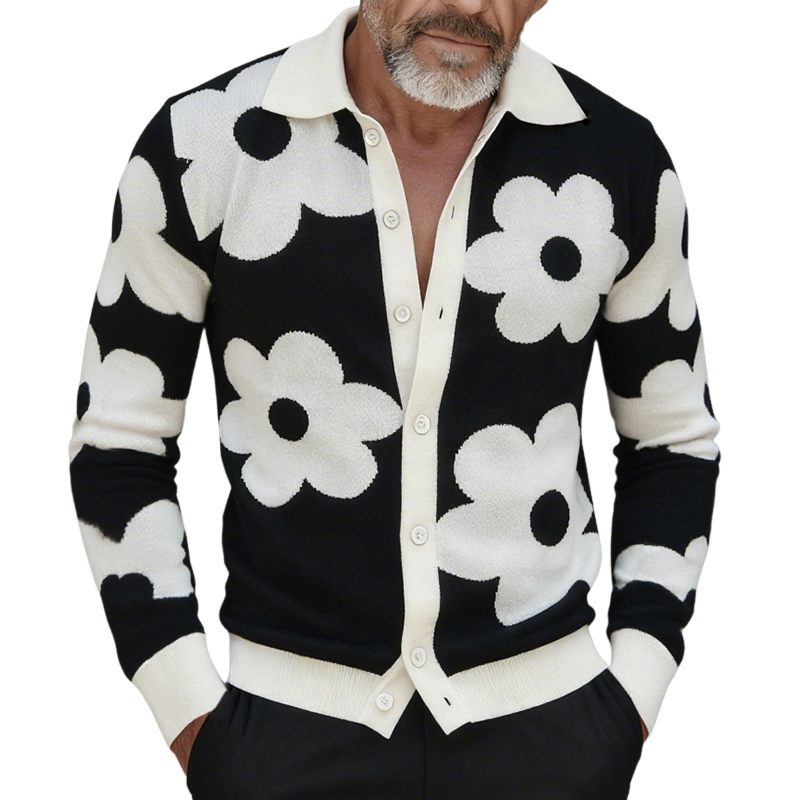 Men's Retro Casual Knitted Floral Color-Blocked Shirt Cardigan MTA0692K0TO