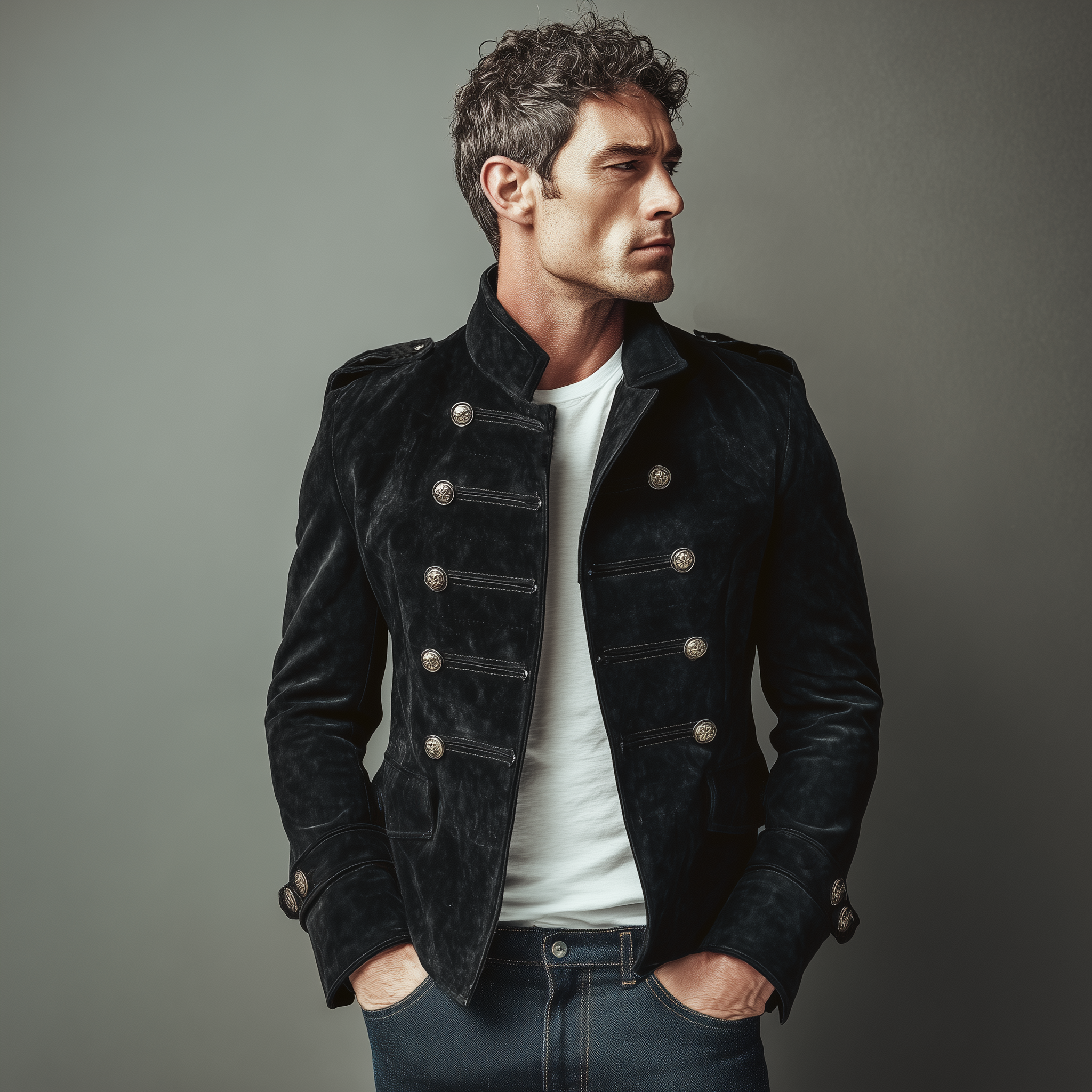 Men's Classic Retro Stand Collar Suede Double-breasted Slim-fit Jacket MTA2282H6K