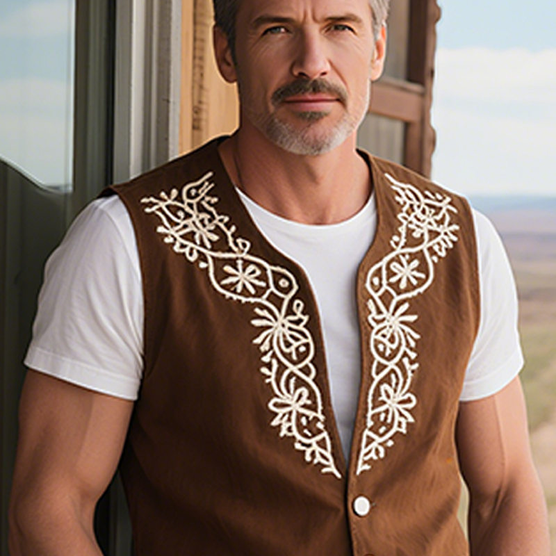 Men's Spring And Summer American Retro Western Style Thin Suede Embroidered Vest MTA1767F6K