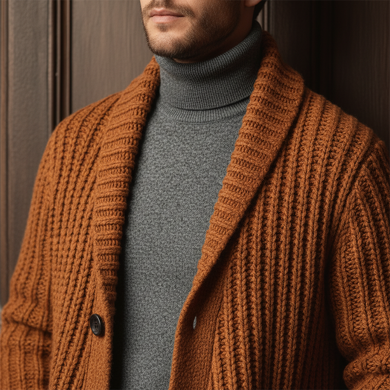 Men's Winter Fashion Shawl Collar Ribbed Cotton Yarn Knitted Mid-length Cardigan MTA1597J2P