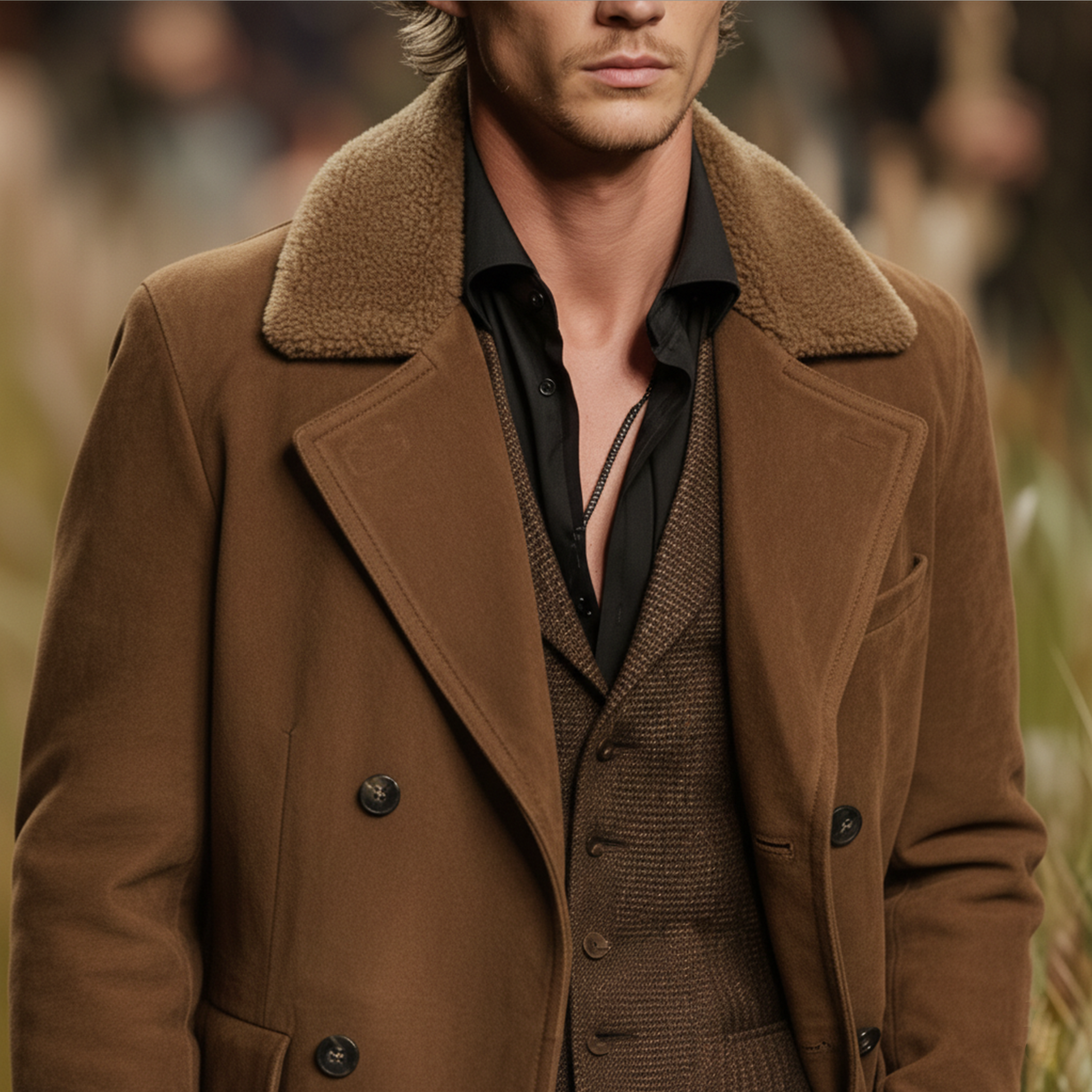 Men's Classic Retro Fleece Lapel Double-Breasted Faux Suede Jacket MTA3192J8K