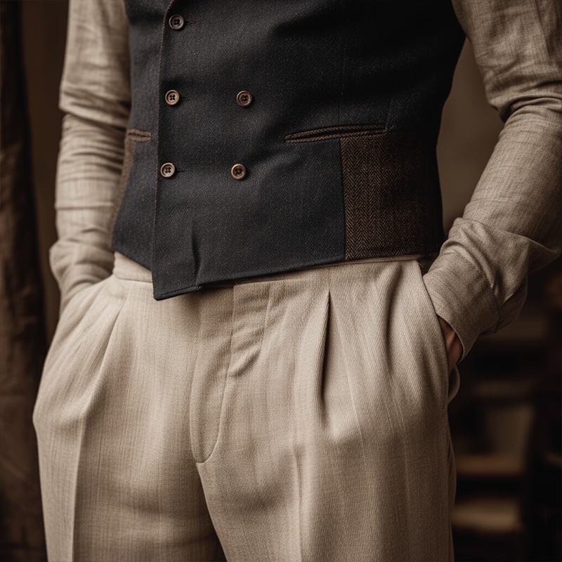 Men's Winter Retro Double-Breasted Slim Fit Herringbone Faux Wool Vest MTA1432J4P