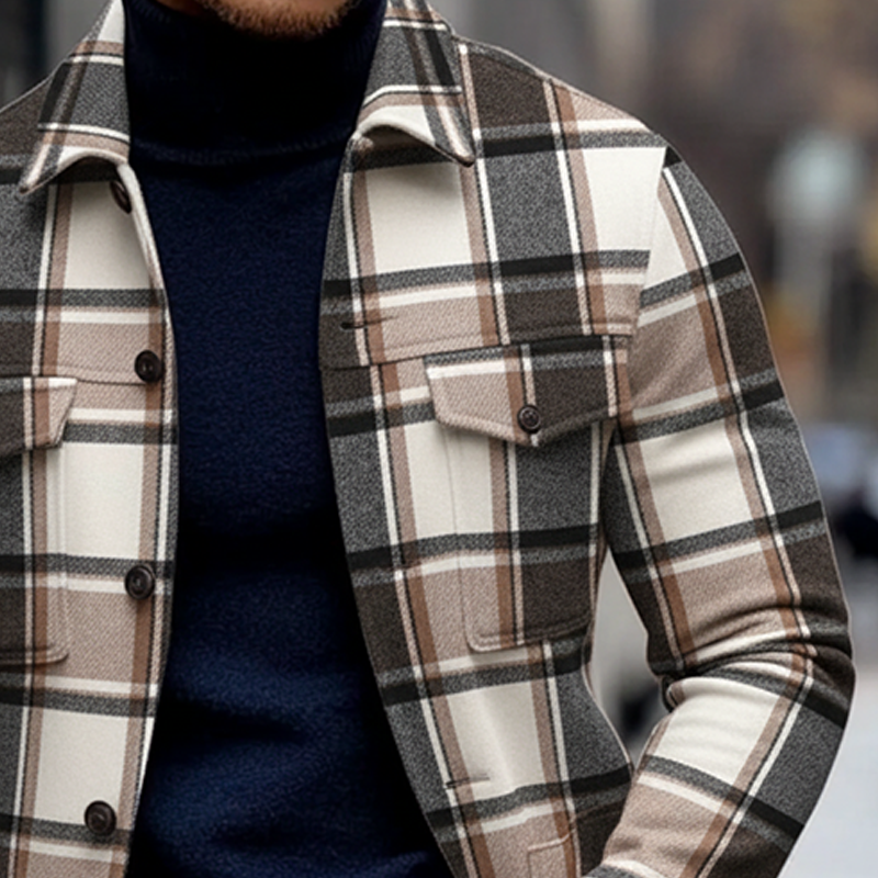 Men's Casual Lapel Multi-pocket Blend Plaid Jacket MTA3033I5X