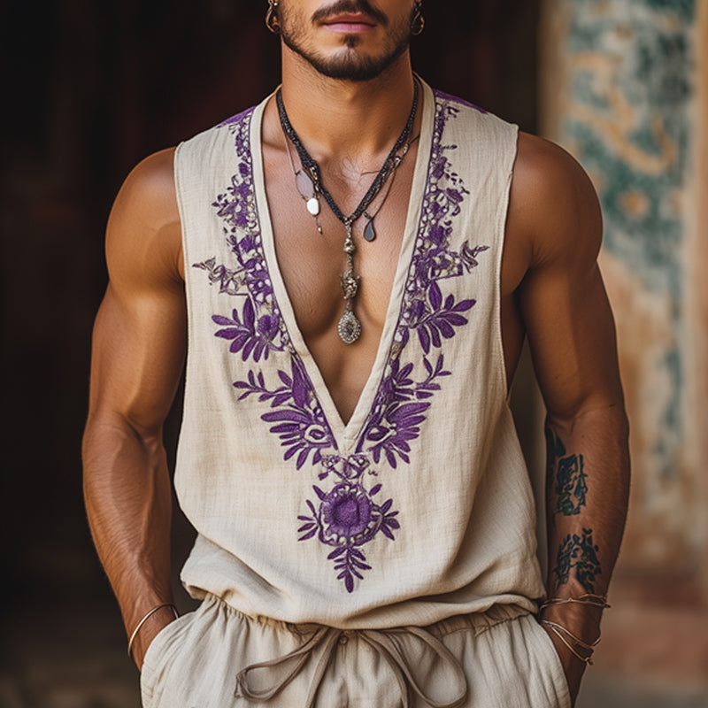 Men's Summer Deep V Neck Embroidered Cotton And Linen Tank Top MTA1552E9U