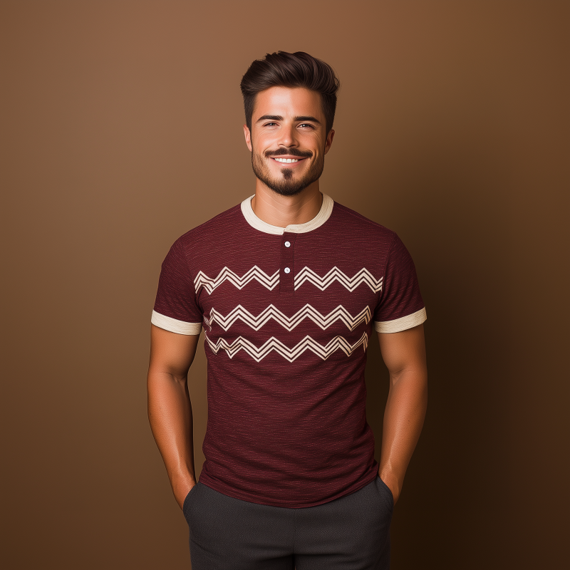 Herre T-skjorte med bølgestriper og henleykrage i kontrastfarge, slim fit, pustende og korte ermer, MTA0423F5M