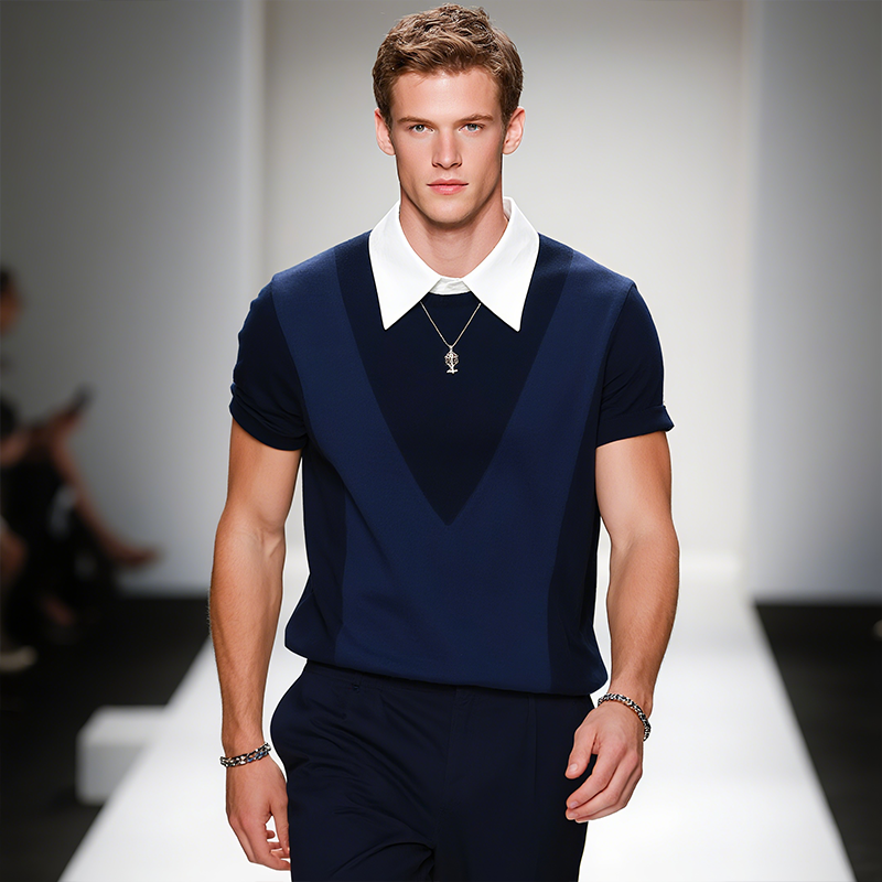 Men's Retro Preppy Knitted Fake Two-Piece Short Sleeve Shirt MTA2429F7TO