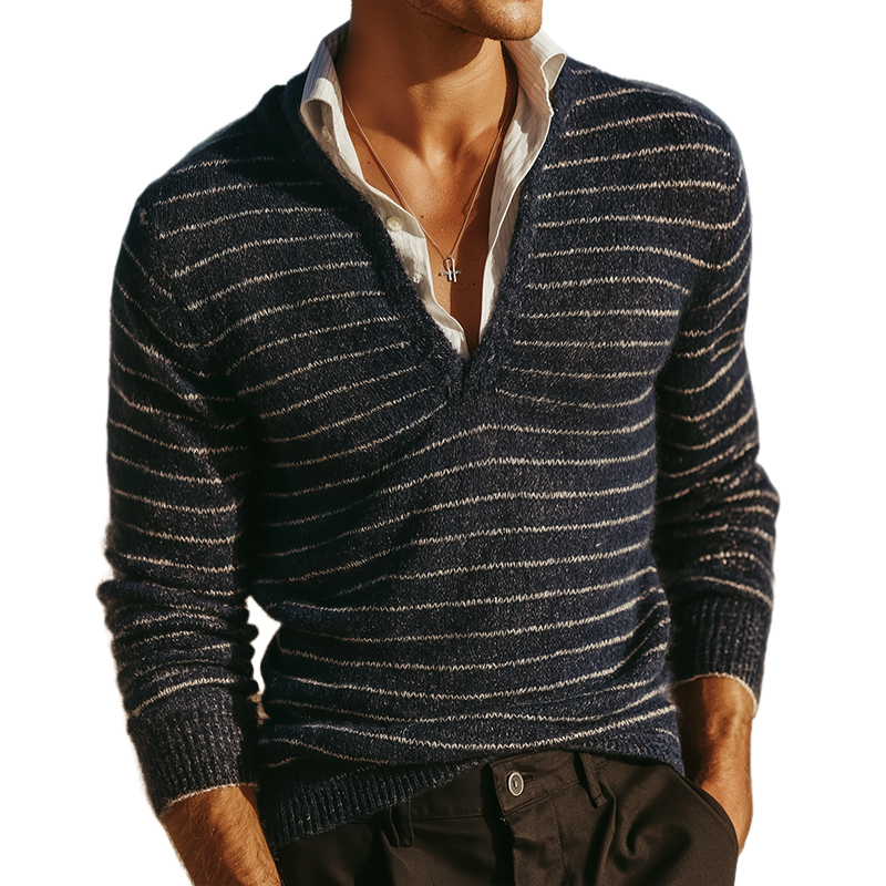 Men's Vintage Casual Knitted Striped V-neck Sweater MTA1912L2TO