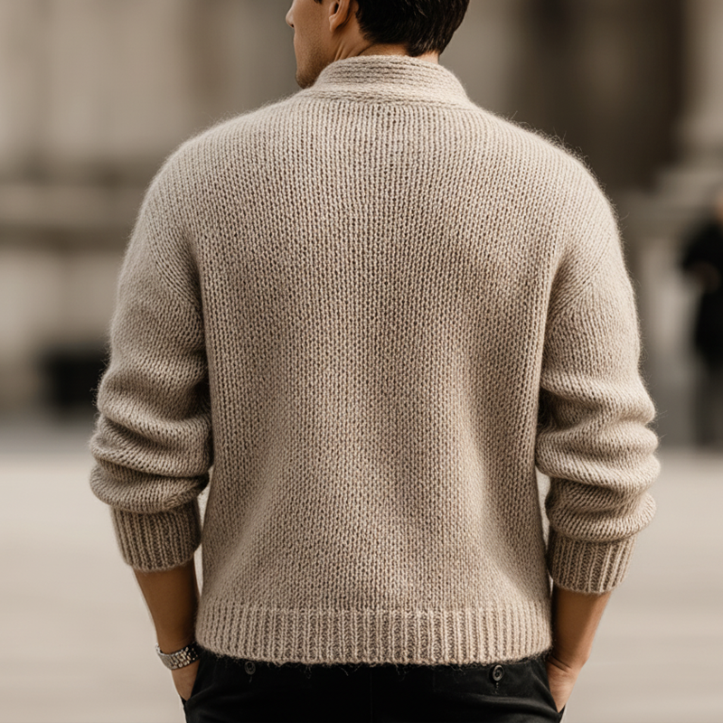 Men's Classic Light Khaki Button-up Stand-collar Knitted Sweater MTA3093K1U