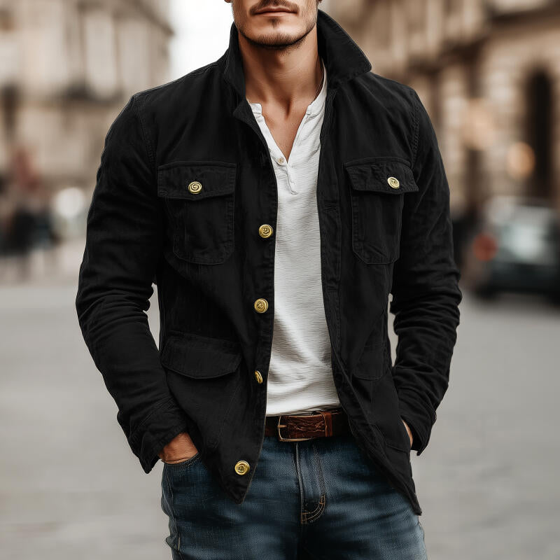 Men's Casual Outdoor Solid Color Cotton Lapel Single-breasted Multi-pocket Cargo Jacket MTA2545H2M