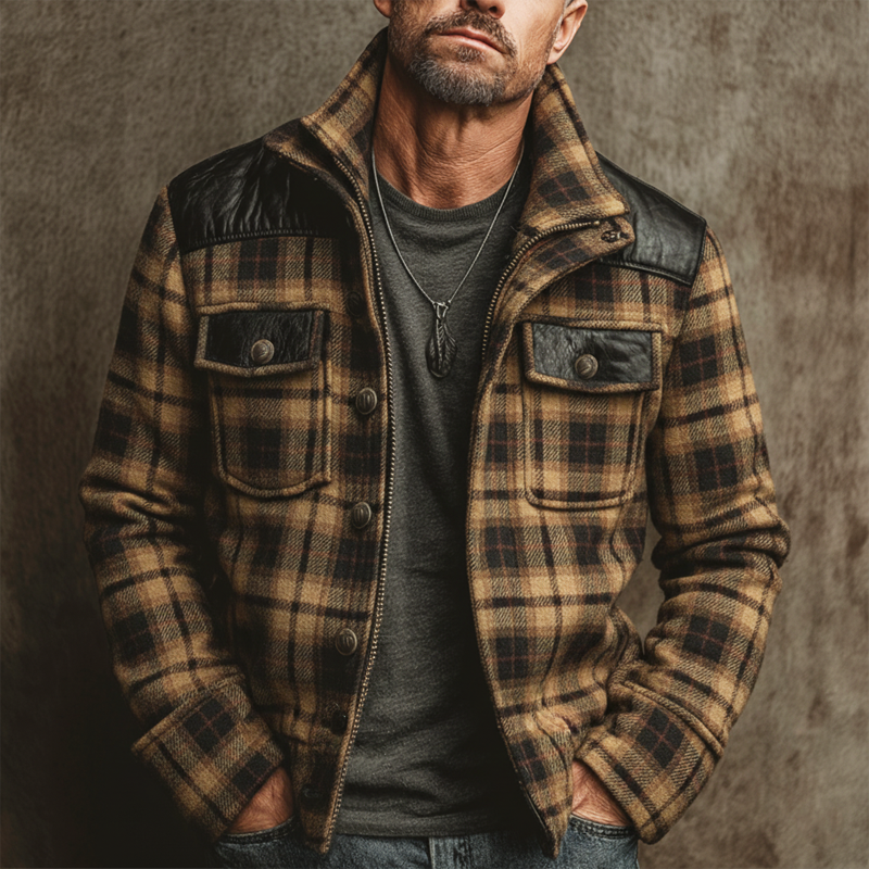 Men's Urban Plaid Faux Wool Blend And PU Leather Patchwork Stand-collar Jacket MTA2548K5U