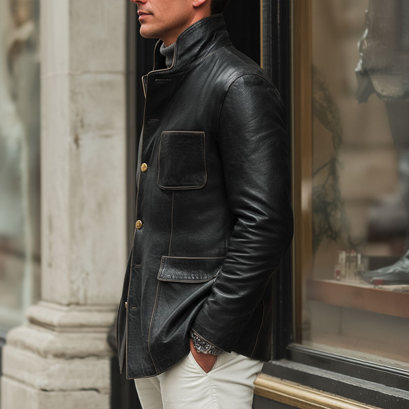 Men's Classic Slim-fit Stand-up Collar PU Leather Jacket MTA1366J1U