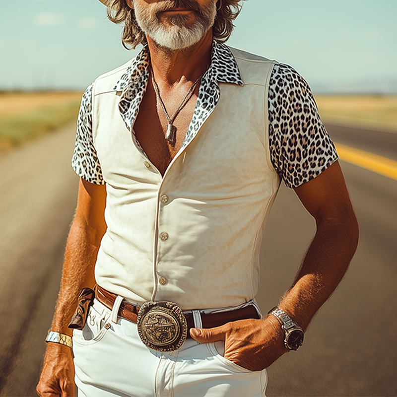 Men's Fashion Retro Western Cowboy Style Thin Suede Stitching Leopard Print Slim Short-Sleeved Shirt MTA1230E2K
