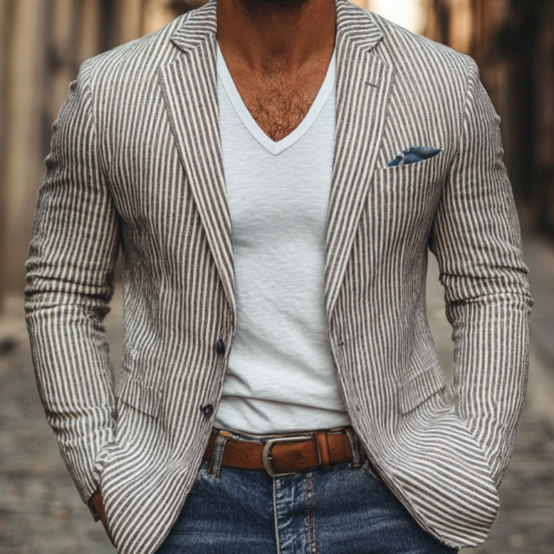 Men's Casual Breathable Linen Pinstripe Notched Lapel Single Breasted Slim Fit Blazer MTA2850D5M