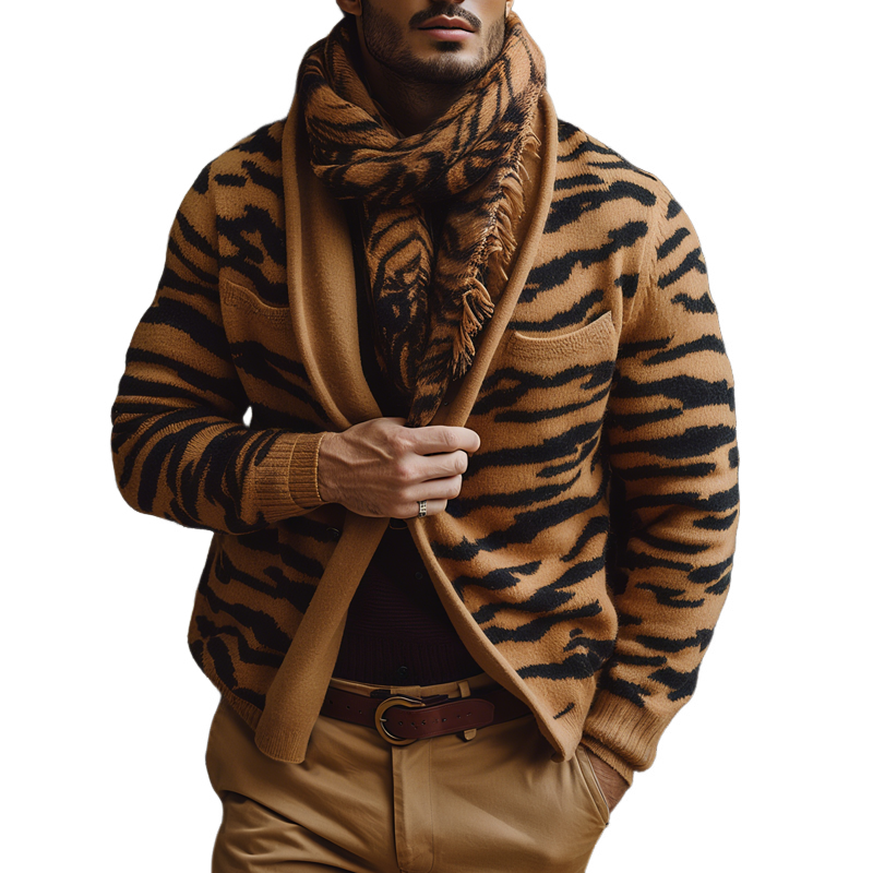 Men's Tiger Pattern Knitted Lapel Single Breasted Cardigan MTA1451H6Z