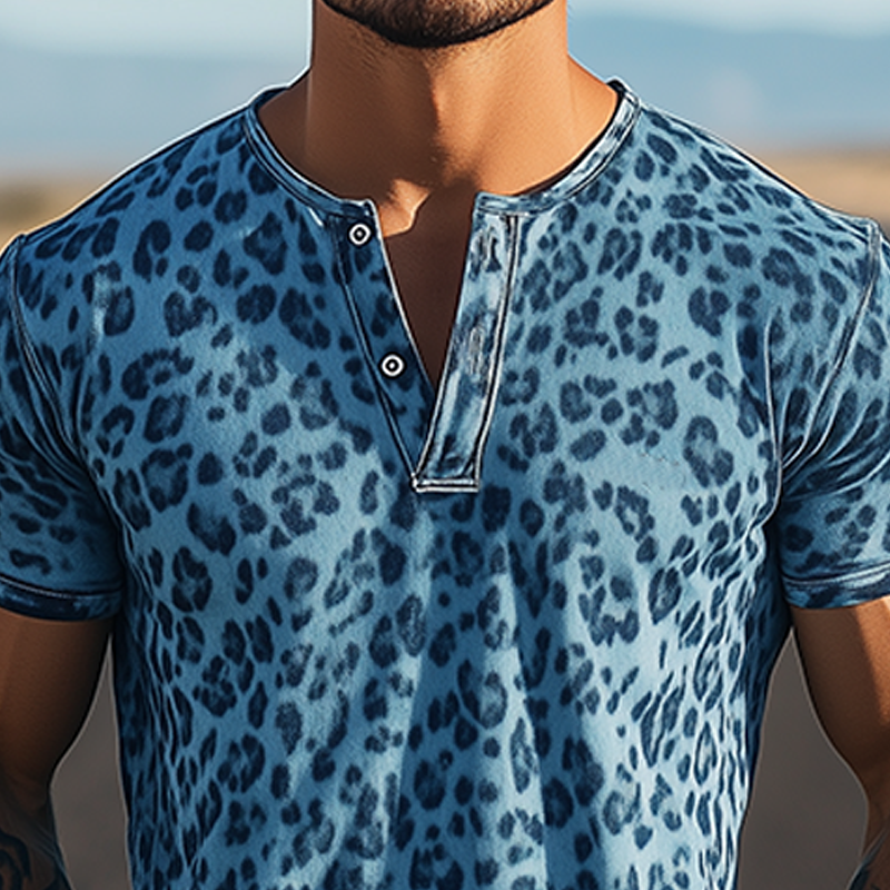 Men's Spring And Summer Fashion Casual Western Cowboy Style Cotton Blended Printed Leopard Henley Collar Short Sleeve T-Shirt MTA1392E3K