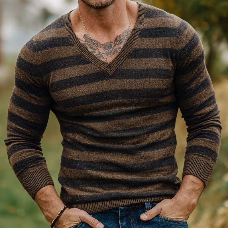 Men's Vintage Contrast Striped V-Neck Slim Fit Knit Pullover Sweater MTA1813H3M