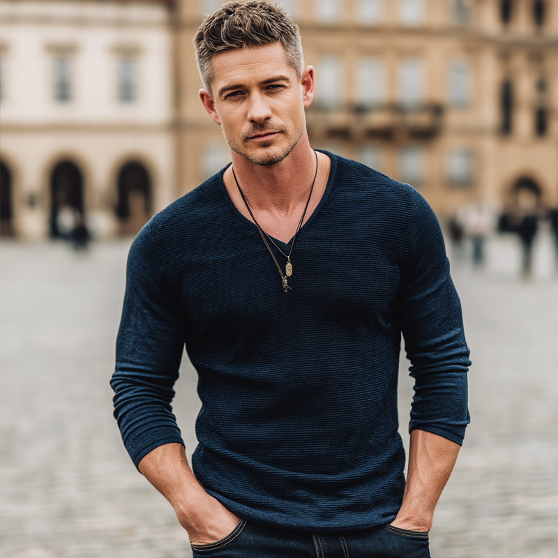 Men's Basic Solid Color V-neck Slim-fit Knitted Long-sleeved T-shirt MTZ1578A1U