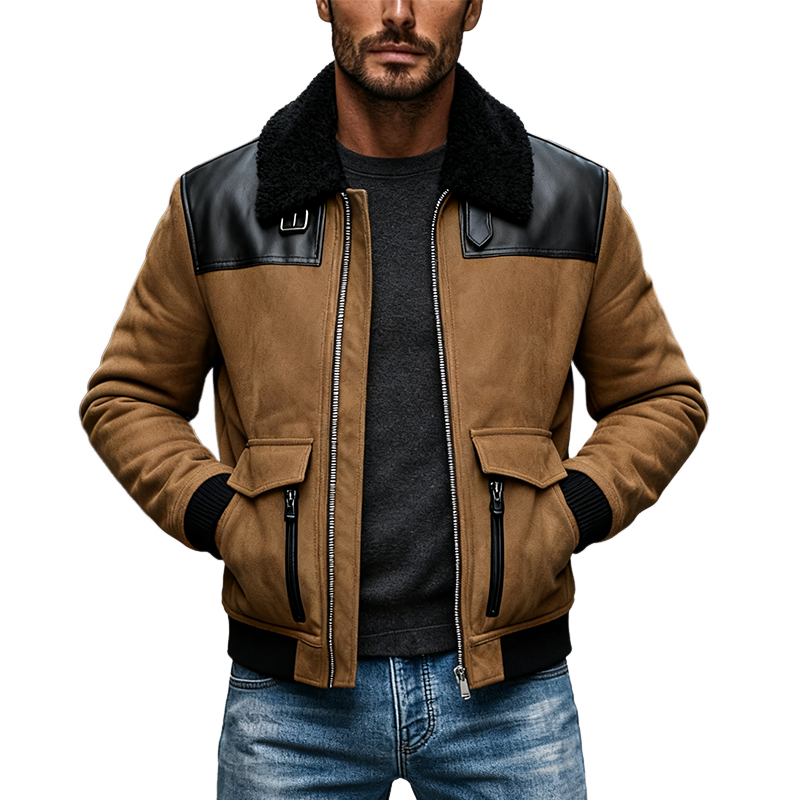 Men's Faux Suede And PU Lapel Zipper Jacket MTA1794J0X